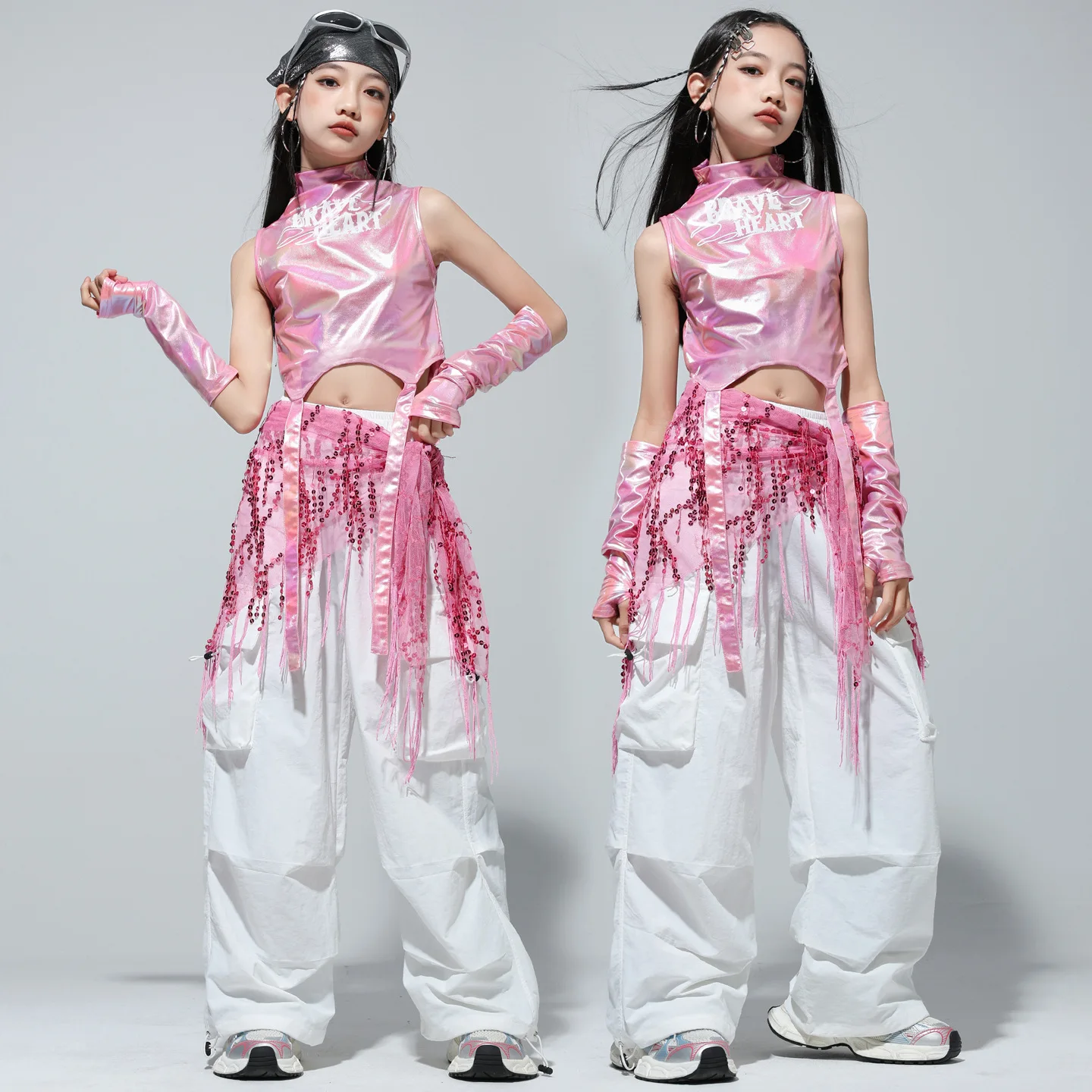 Kid Hip Hop Kleidung Laser Rosa Mock Neck Strap Crop Tank Top Weiß Straße Fallschirm Cargo Hosen für Mädchen Tanz Kostüm Kleidung