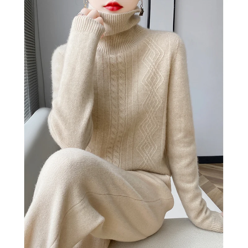 

New autumn and winter high-necked twisted flowers 100% merino wool women's knitted bottoming sweater long-sleeved loose top