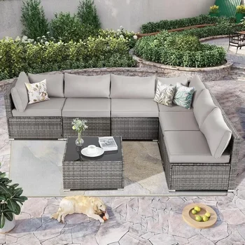 Image 7 Pieces Patio Furniture Set,Wicker Outdoor Conversation Set,Rattan Sectional Sofa Set w/Washable Cushions & Glass Coffee Table