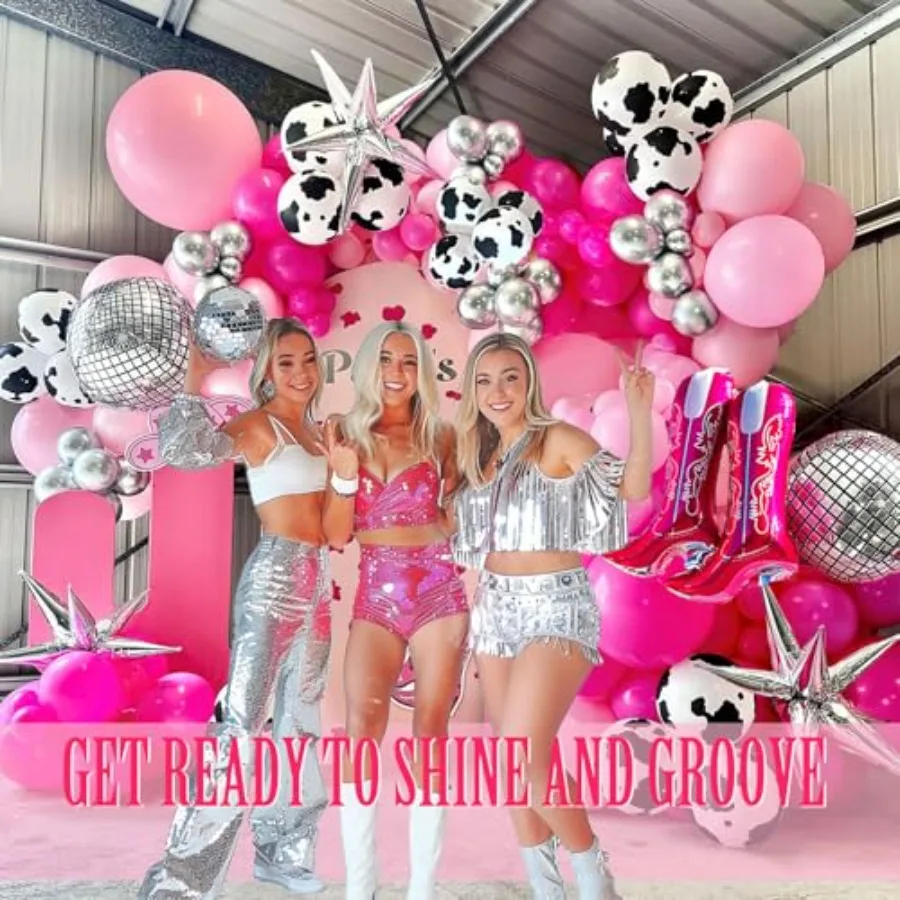 팜 카우걸 디스코 풍선 가랜드 아치 키트 120개+ 핫핑크와 실버 풍선, 카우걸 부츠, 디스코볼 스타 마일라 풍선