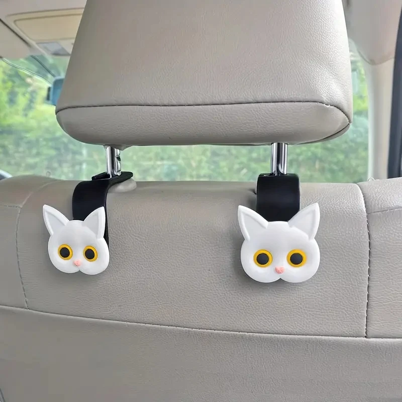 2Pcs Cute 3D Cartoon Cat Shape Car Headrest Hooks Universal Seat Back Organizer Handbags Purses Coats Grocery Bags Car Accessory