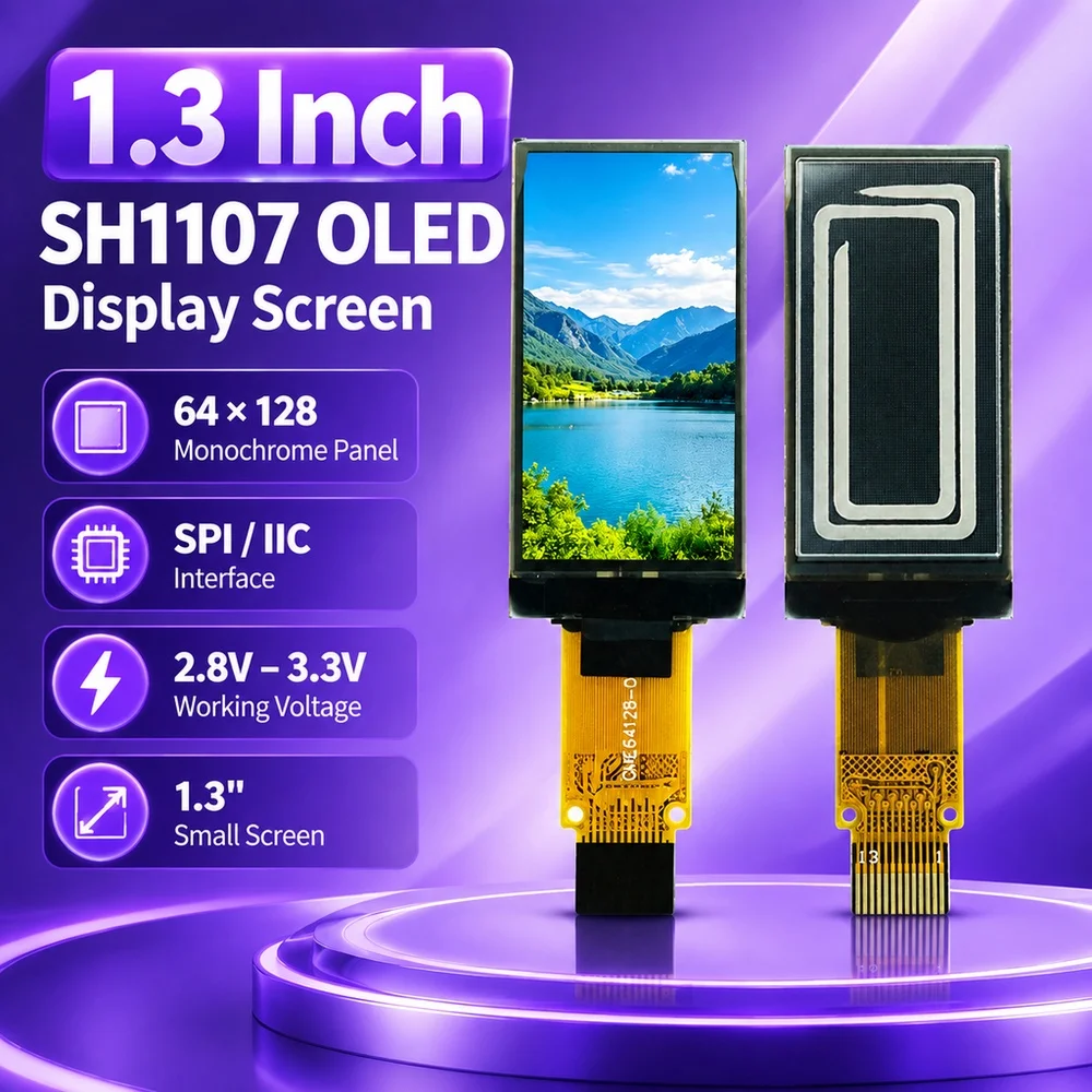 1.3 Inch SH1107 OLED Display Screen 64*128 Monochrome Panel SPI IIC Interface 2.8V-3.3V 1.3'' Small Screen