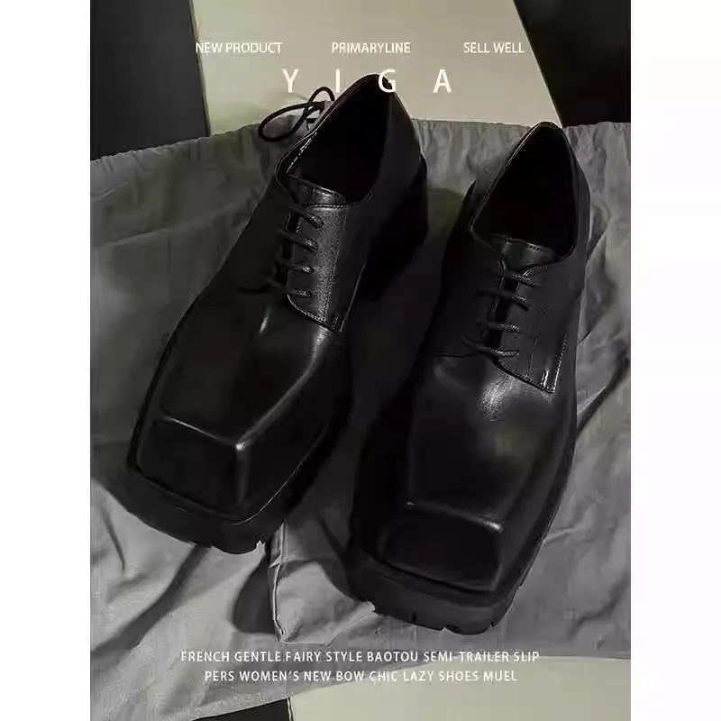 

2025 New Men's and Women's Sports Derby Shoes High Street Lovers Square Leather Thick-soled Raised Round-headed Leather Shoes