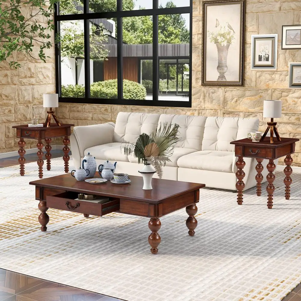 Conjunto de mesa de centro de madeira maciça nogueira estilo fazenda vintage com gaveta 2 mesas laterais finais para sala de estar apartamento