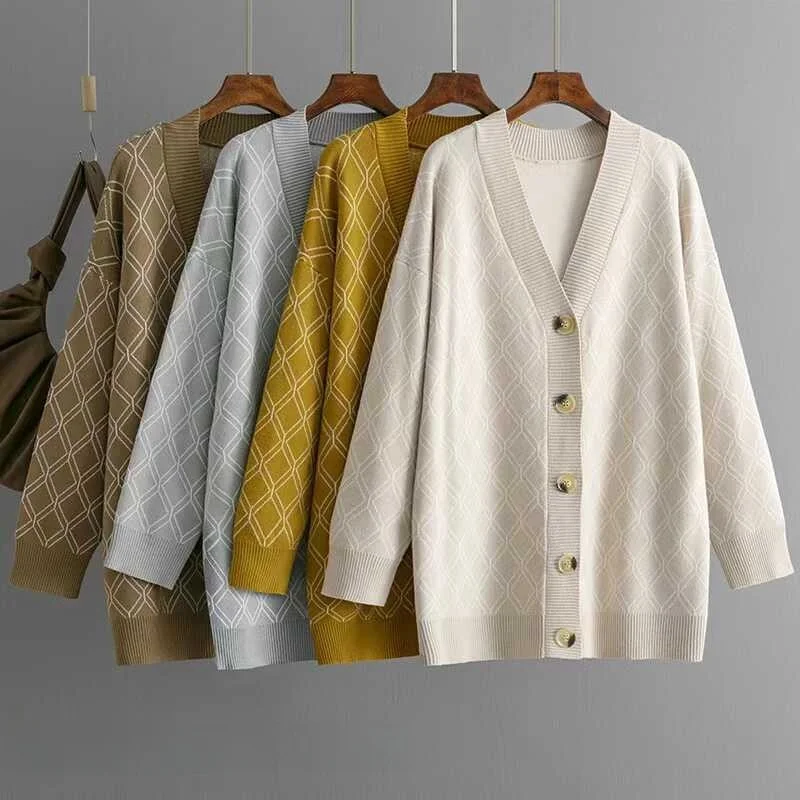 

Loose V-Ne Plaid Cardigan Knitted Sweater Comfortable Breathable Women's Autumn Faion Commute Sle Long Sve Mid-Length