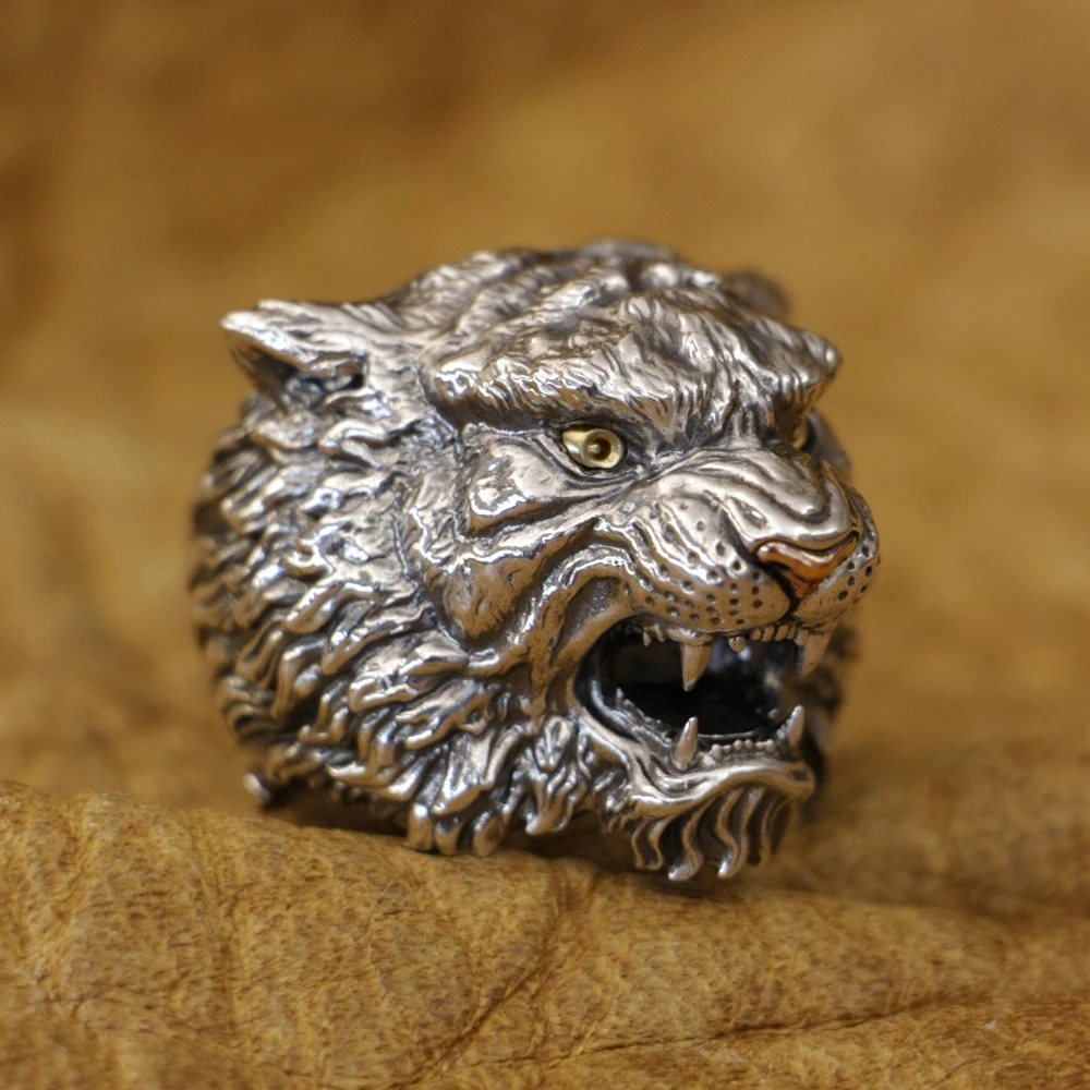 Copper Nose Brass Eyes 925 Sterling Silver Tiger Ring Biker Punk Jewelry TA433 US Size 8 to 15