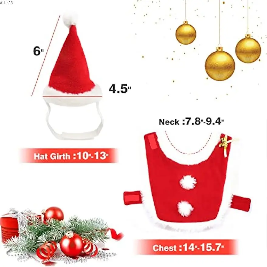 ATUBAN Pet Christmas Costume Cat Santa Outfit Small Dog Xmas Hat with Cloak Set Cat New Year Apparel Cat Costumes