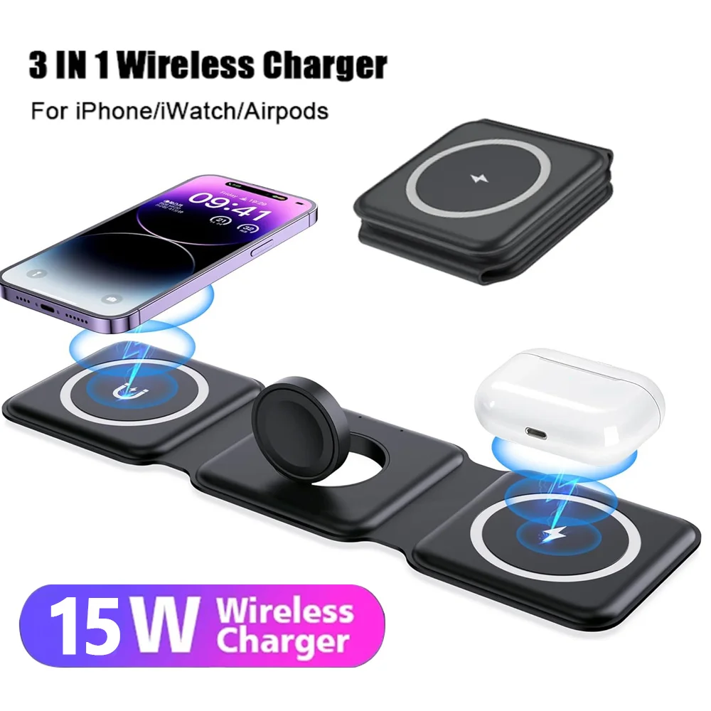 3 in 1  Wireless Charger Pad Foldable for iPhone 15 14 13 12 11 XS X 8 Xiaomi Apple Watch AirPods  Fast Charging Dock Station