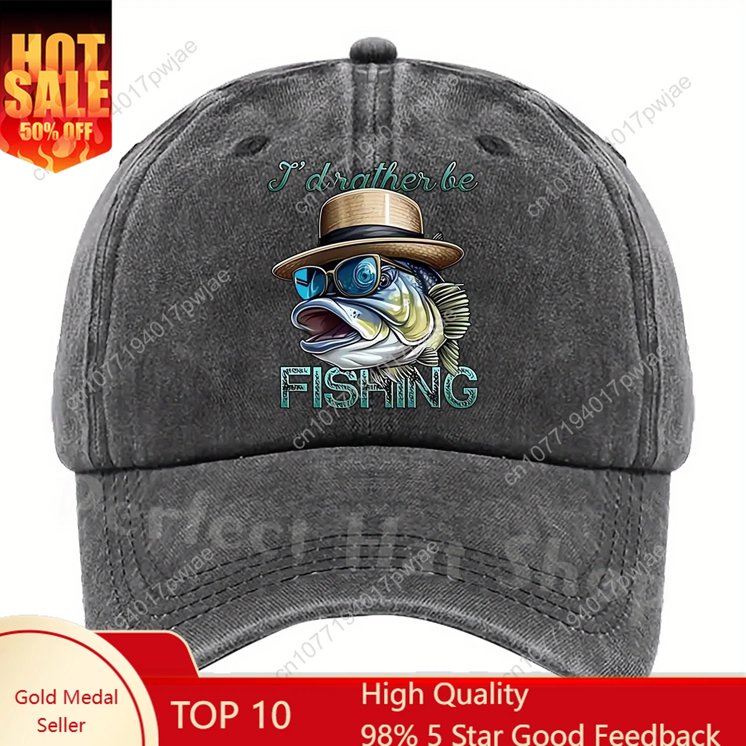 

[Fishing Baseball Cap] Breathable Polyester "I'd Rather Be Fishing" Baseball Cap - Adjustable, Cartoon Fish Design, Perfect for