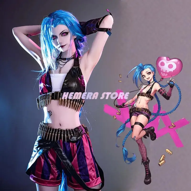 2023 Jinx LOL جامعة أساطير أنيمي جديد أنيمي ازياء للنساء جامعة أسطورة تأثيري Jinx زي مع شعر مستعار XS-3XL