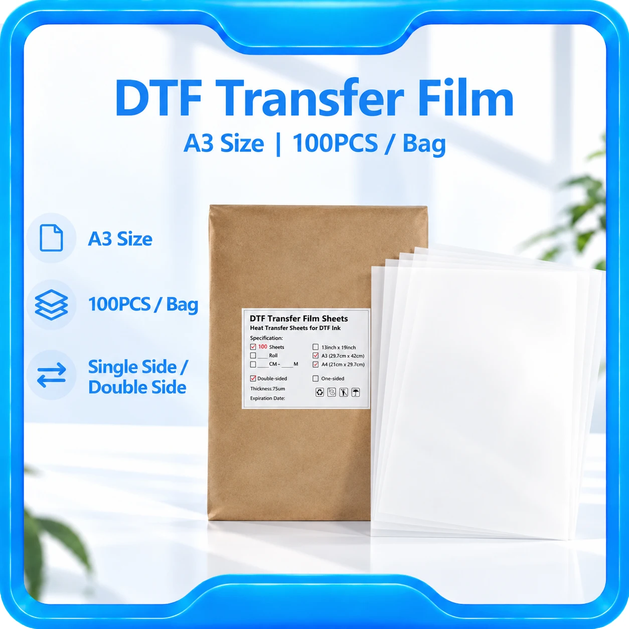 100PC A3 Digital Inkjet Printing Film 75U Thickness Transparent Double Sided Adhesive Film Transfer DTF Film Printing New