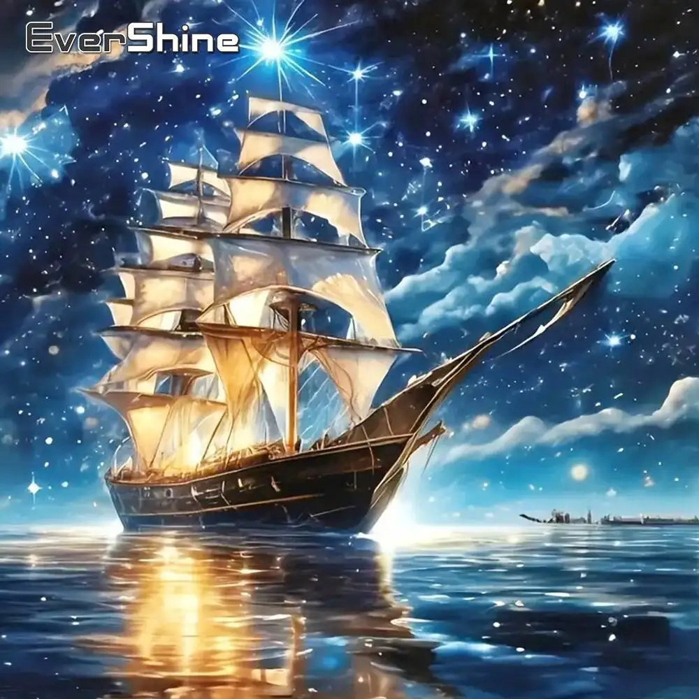 Evershine 5D-Diamantgemälde zum Selbermachen, Schiff, Meer, Stickerei-Set, Landschaft, Boot, voll, quadratisch, rund, Diamant-Mosaik, handgefertigtes Geschenk