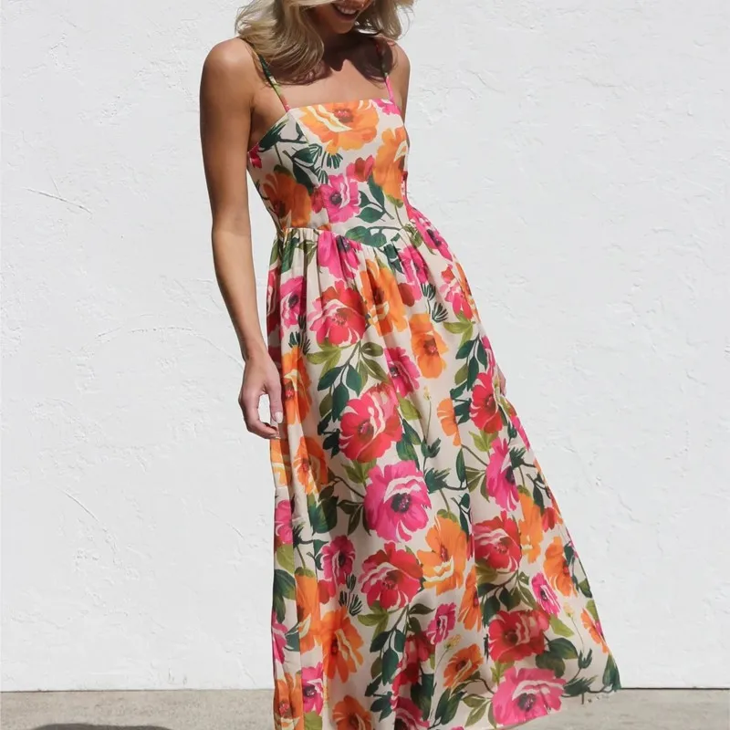 

New Flowers Print Spaghetti Strap Dresses Women Fashion Trendy Vacation Style A-line Long Dress Summer Sleeveless Vestidos