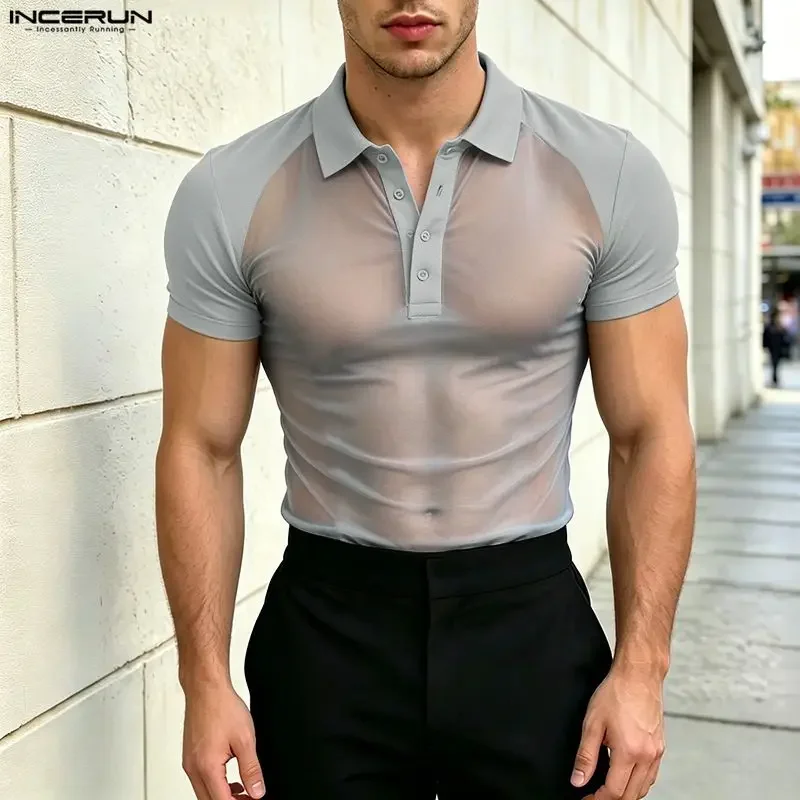 INCERUN Men's Shirt Mesh Patchwork Lapel Short Sleeve See Through Men Clothes Streetwear Summer 2026 Sexy Fashion Tops Camisas