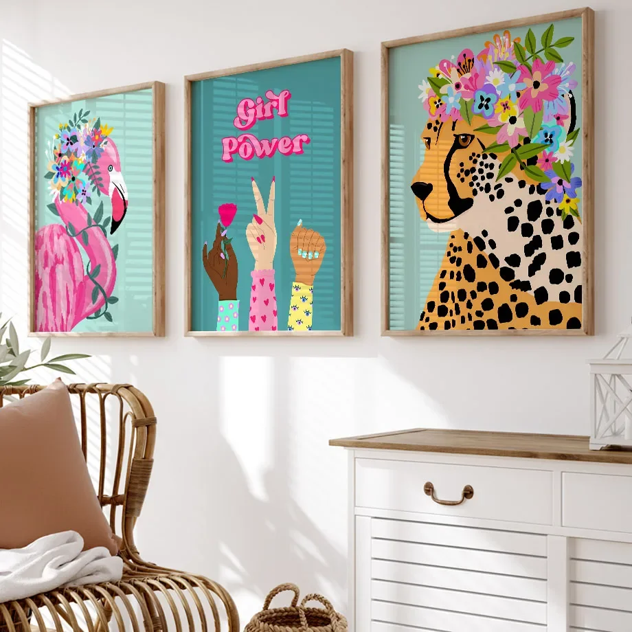 Wild Leopard Tiger Flamingo Lipstick Mouth Girl Power Tulip Abstract Canvas Posters Prints Wall Art Pictures Living Room Decor