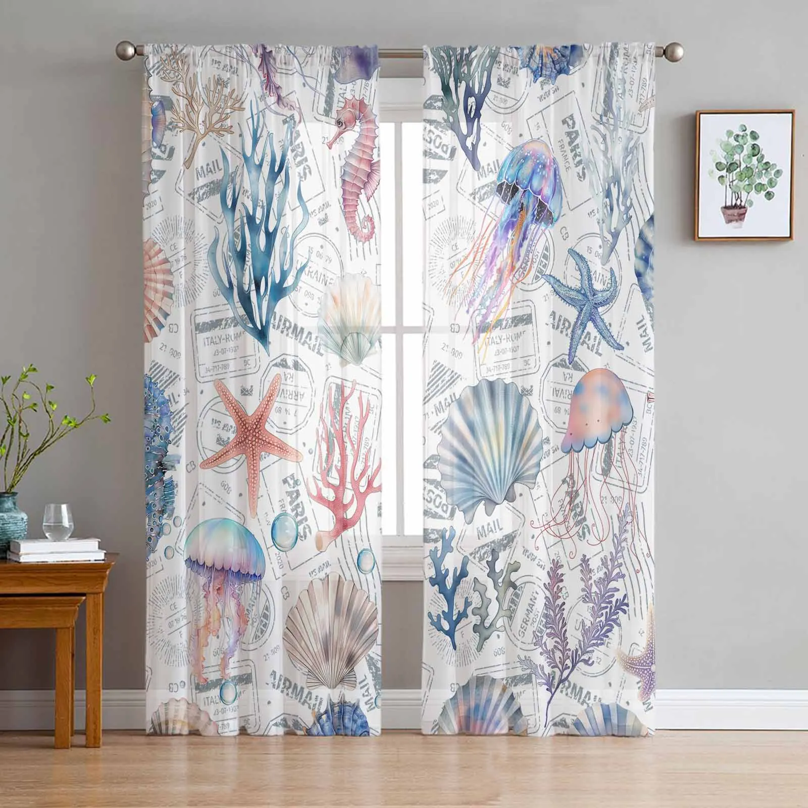 Marine Organisms Jellyfish Starfish Seahorses Shells Sheer Curtains for Living Room Window Curtains Kitchen Tulle Voile Curtains