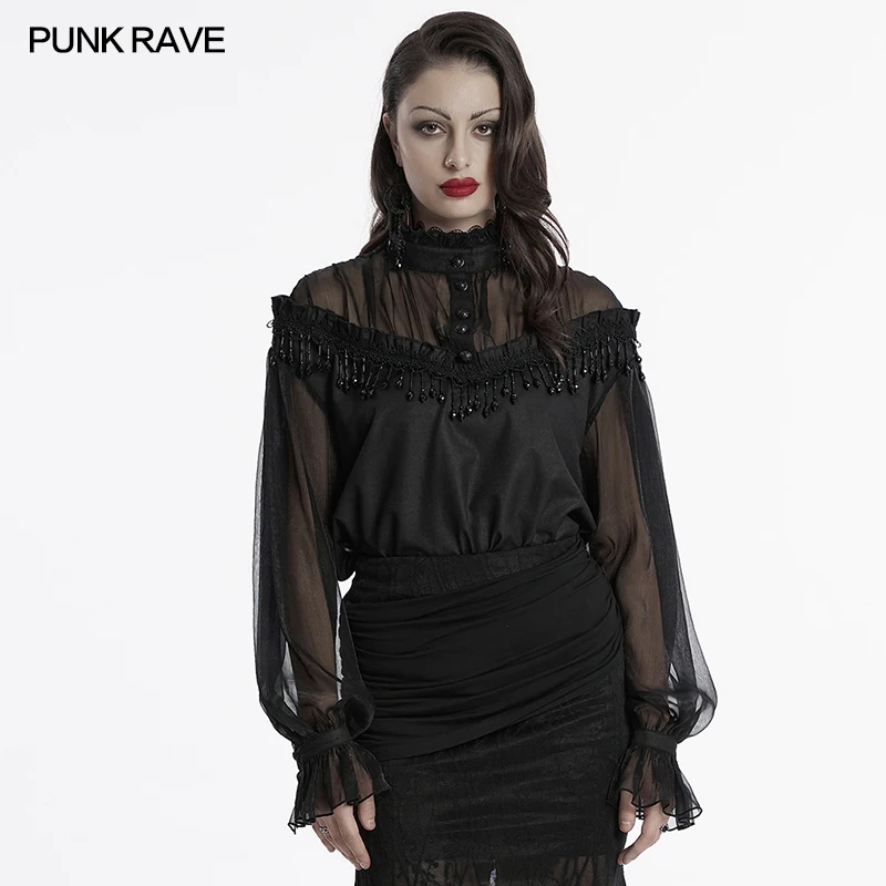 

PUNK RAVE Women's Gothic Woven & Perspective Chiffon Pullover Shirt Dynamic Tassel Crystal Pendant Luxury Black Loose Tops