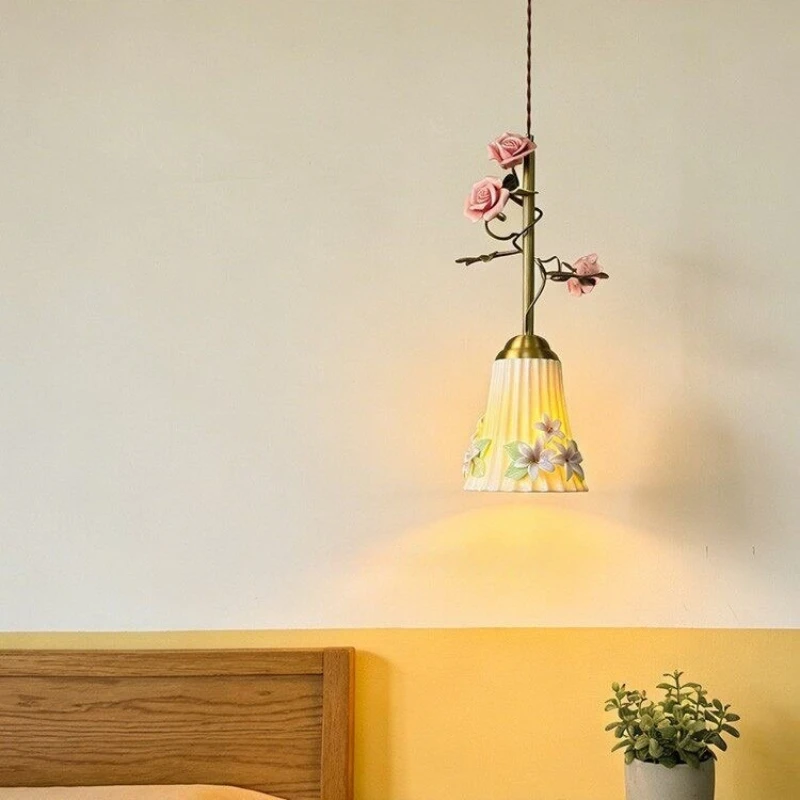 French Countryside Ceramic LED Pendant Lamp Personalized Flower Small Chandelier Corridor Entrance Bedroom Restaurant Cafe Light