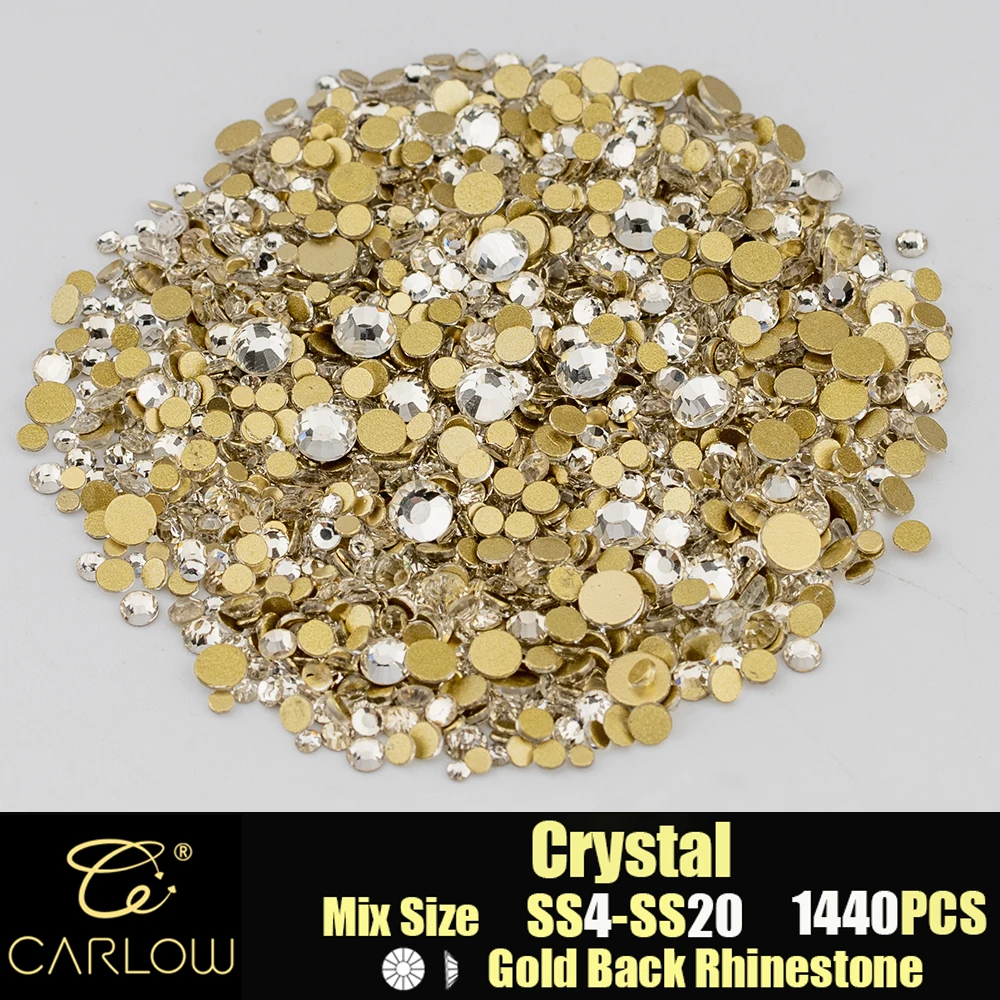 CARLOW 1440Pcs SS4-SS20 Crystal Gold Back Strass Glitter Nail Flat Back Strass per fai da te JD-001