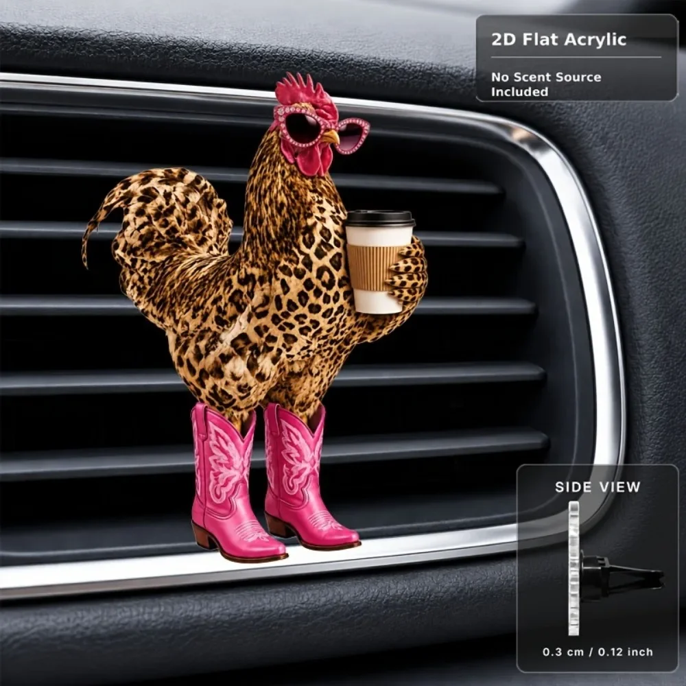Pink Boots Leopard Print Rooster Car Flat Fun Acrylic Car Aromatherapy Air Conditioner Fragrance Interior Vent Decoration Clip