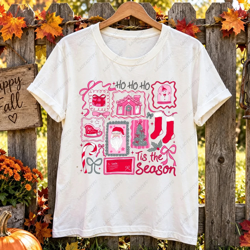Tis The Season Pink Christmas Doodle Collage Ho Ho Ho Santa Print Women Xmas Holiday Short Sleeve Retro Cute Festive Casual Tee