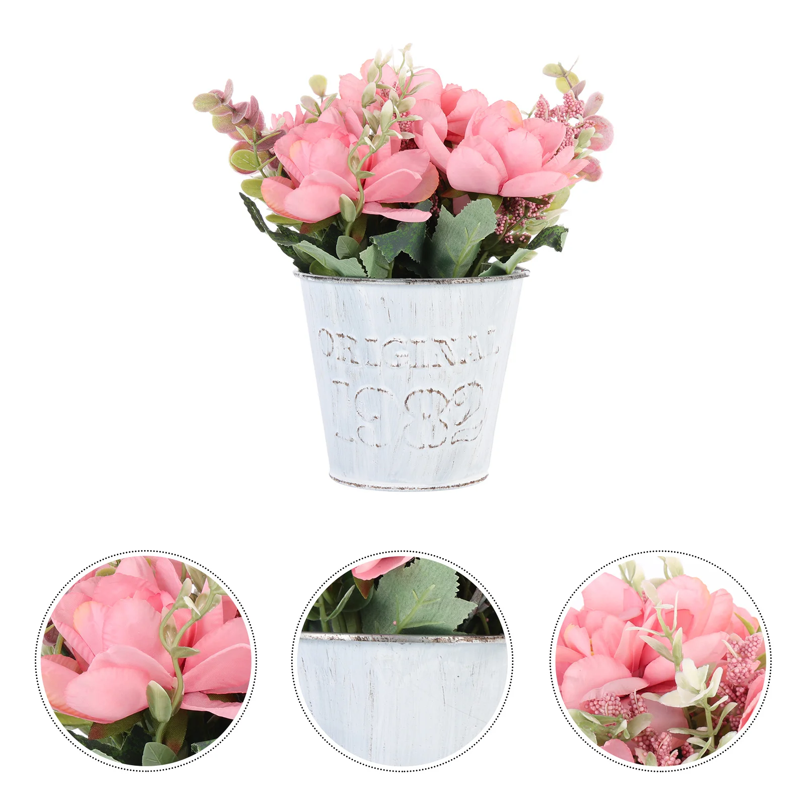 

1Set Artificial Flowers Potted Silk Faux Blooms Metal Tin Pot Hydrangea Arrangement Home Decor Centerpiece Fake