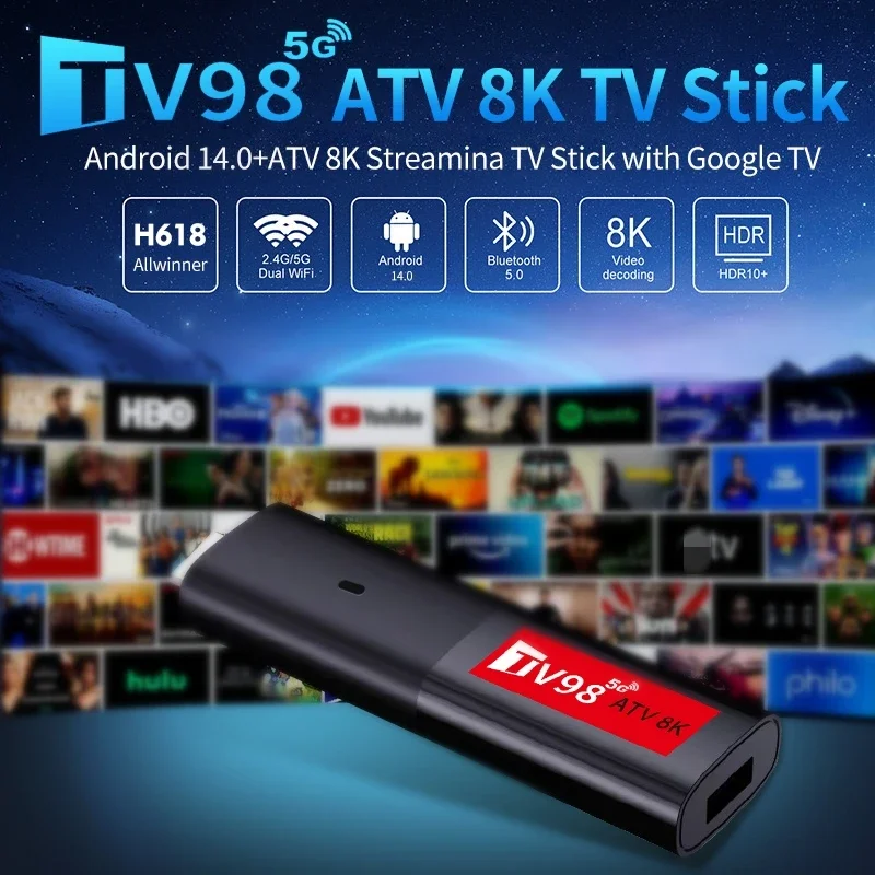 TV98 ATV 8K Smart TV Stick Android 14 Allwinner H313 2.4G 5G Wifi TV Stick Support OTA 4K BT5.0 2GB 16GB Voice Remote TV Box