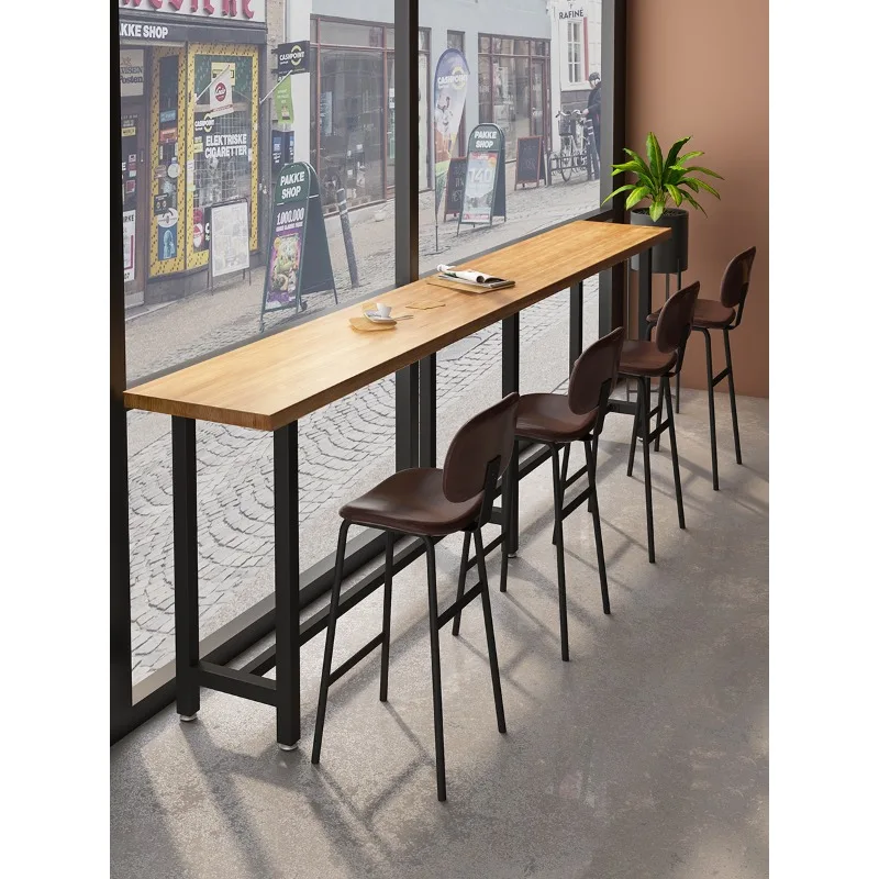 Bar table and chair combination commercial solid wood bar milk tea shop long strip tall household window