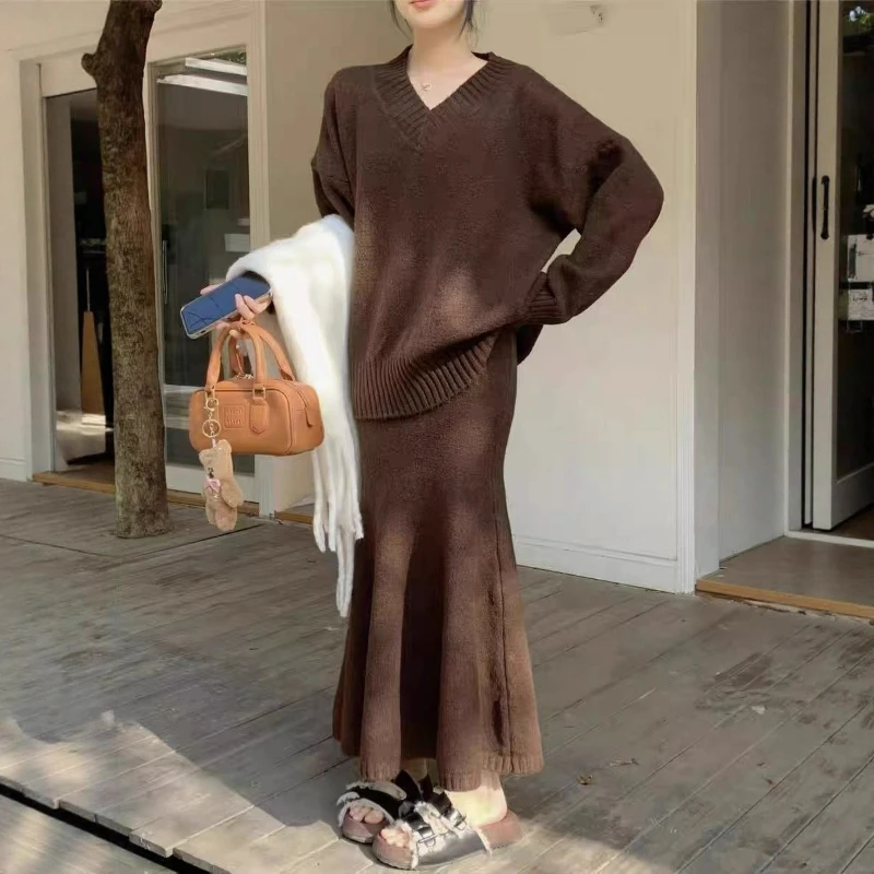 Two Piece Skirt Sets Knit Women V Neck Sweater Full Sleeve High Waist Long Skirts Trumpet Solid Slim Fit Thick Warm Autumn 2026