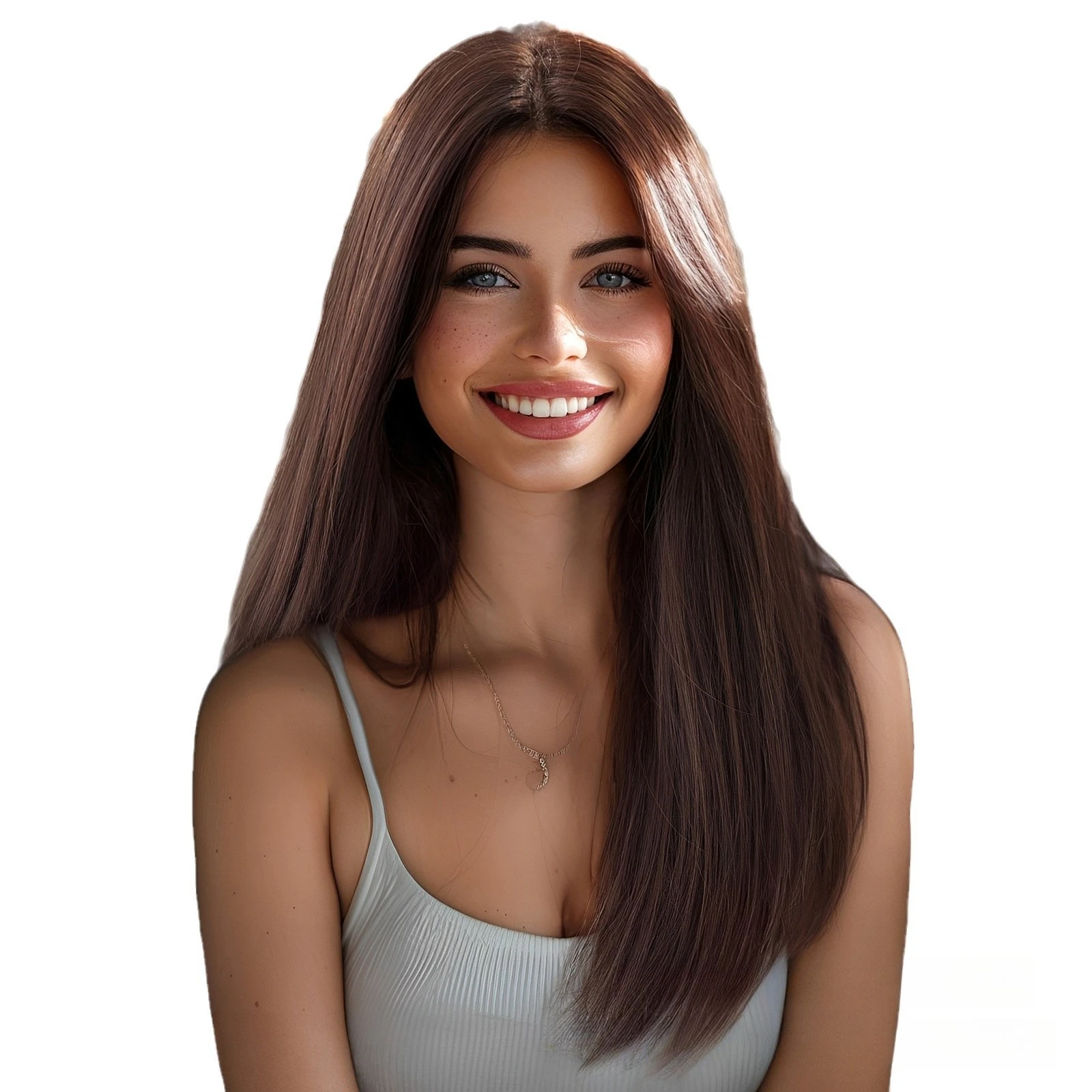 

Синтетический парик с большим объемом волос в холодно-коричневом оттенке, с центральной проборкой, на всю голову, натуральный вид.