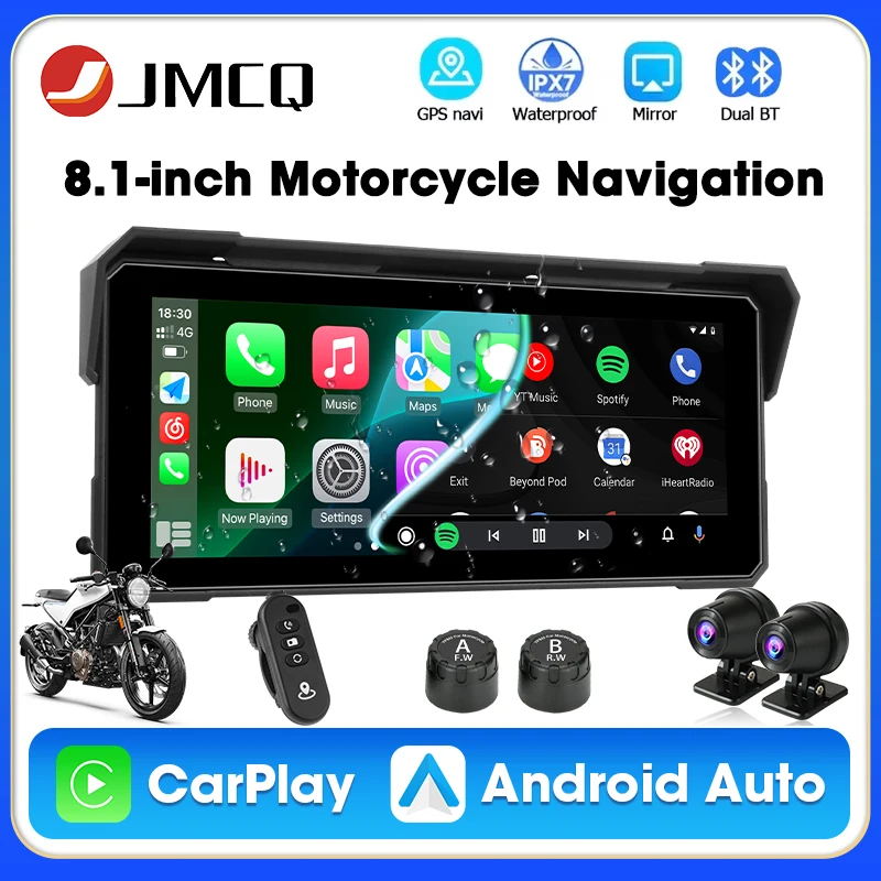 

8.1" Motorcycle GPS Navigation Wireless Carplay Android Auto IPX7 Waterproof Drive Recorder Dual Bluetooth Support 4K+1080P DVR
