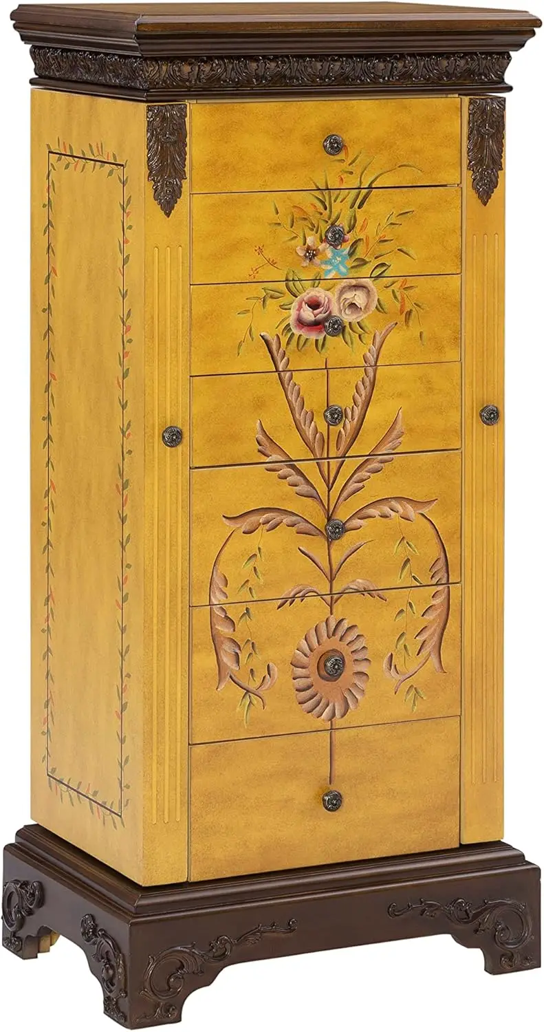 Powell Furniture Golden Antique Parchment Jasleen Hand Painted Flip-Up Mirror Top Powell, Seven Drawer Jewelry Armoire