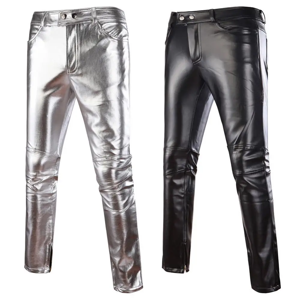 Pantalones informales para hombre, calzas ajustadas, brillantes, doradas, plateadas, de cuero PU, para motocicleta, club nocturno, escenario para