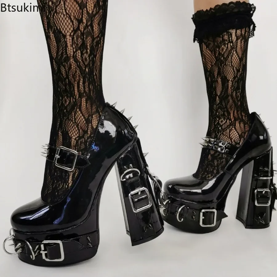 2024 Women\'s Punk Gothic Style Motorcycle Super High Heels Ladies Pumps Rivet Cosplay Costum Buckle Metal Chain Punk Shoes Girls