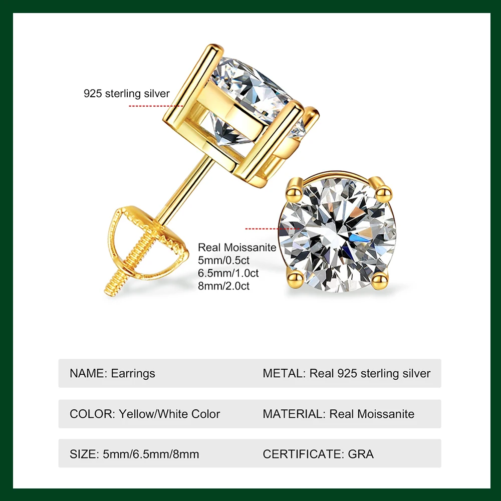 Moissanite Stud Earrings Screw Back 0.5ct-2.0ct 18K White Yellow Gold Plated 925 Sterling Silver Diamond Earrings for Women Men