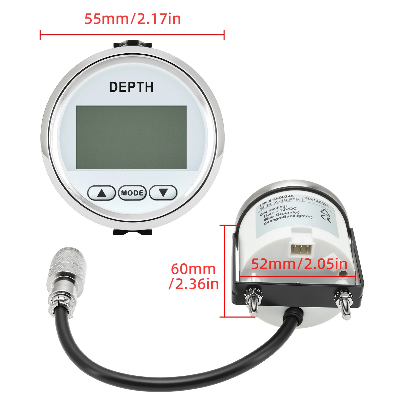 52MM Universal Marine Boat Digital Depth Meter Depth Gauge Waterproof Pulse Signal White Backlight For Marine Boat
