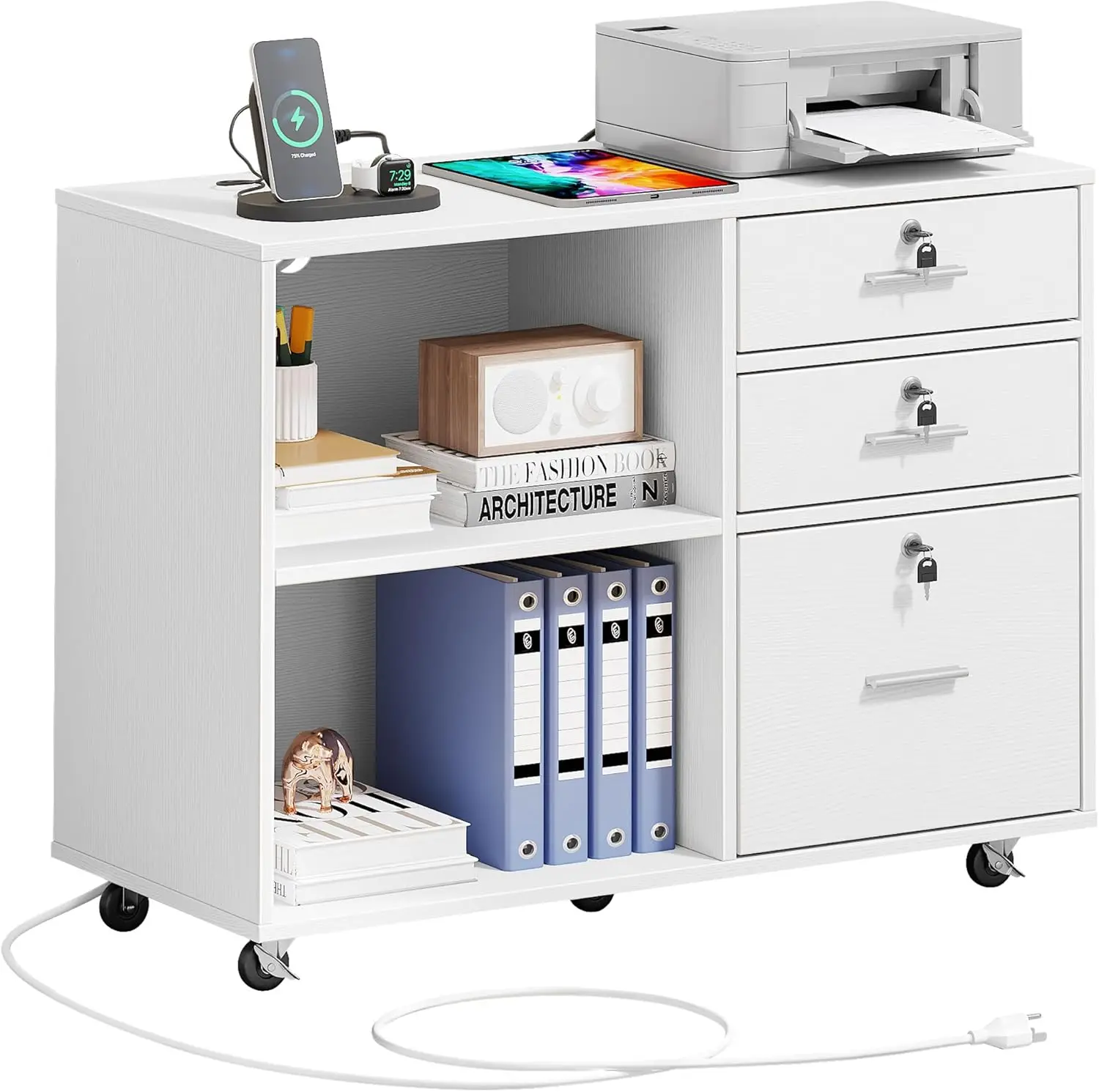 3 Drawer File Cabinet with Charging Station, Mobile Filing Cabinet with Lock, White