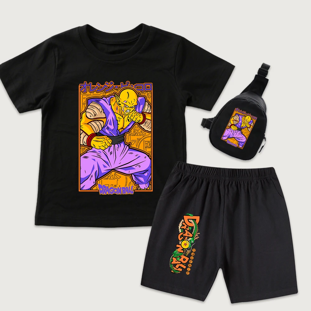 Dbz Orange Piccolo Anime Print Kids Cotton T Shirt Shorts Mini Chest Bag 3pcs Set Casual Summer Outfit for Boys Girls