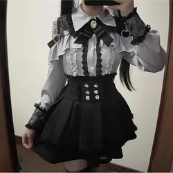 Jirai kei Outfit Lolita Girls Blouse Top Women Long Sleeve Shirt Kawii Bow Black Skirts Shirts Y2K Sweet Japanese Lady Style Set