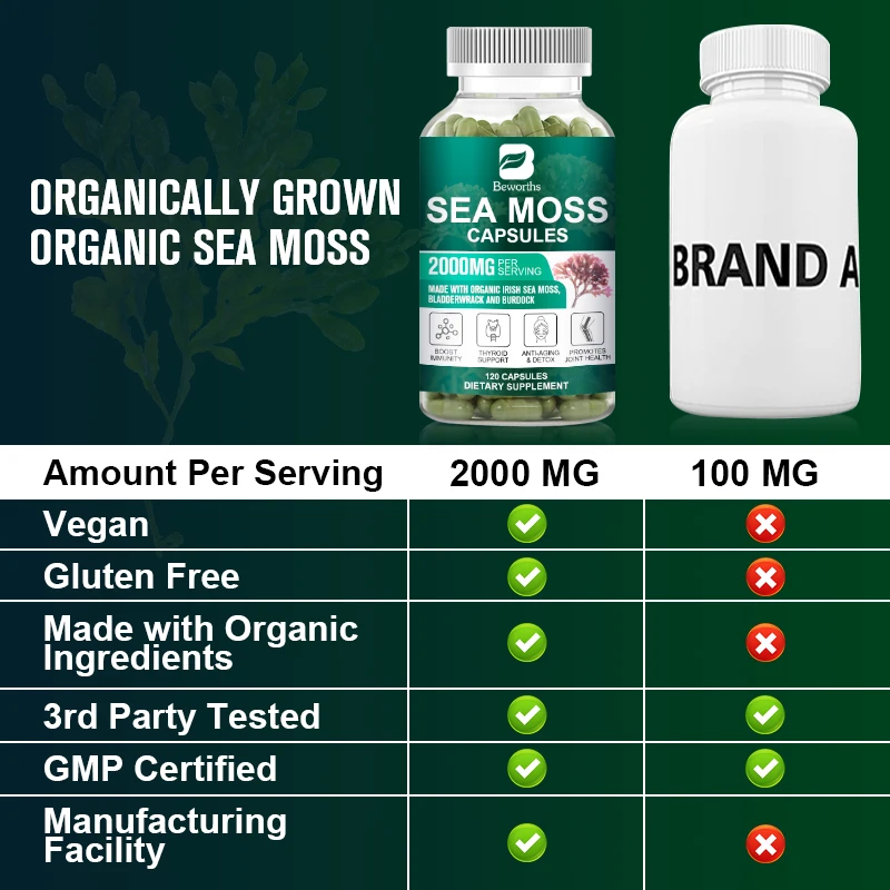 BEWORTHS Organic Wild Irish Sea Moss Bladderwrack Capsules Joint Health Flexibility & Promotes Immunity Supplements Gluten Free