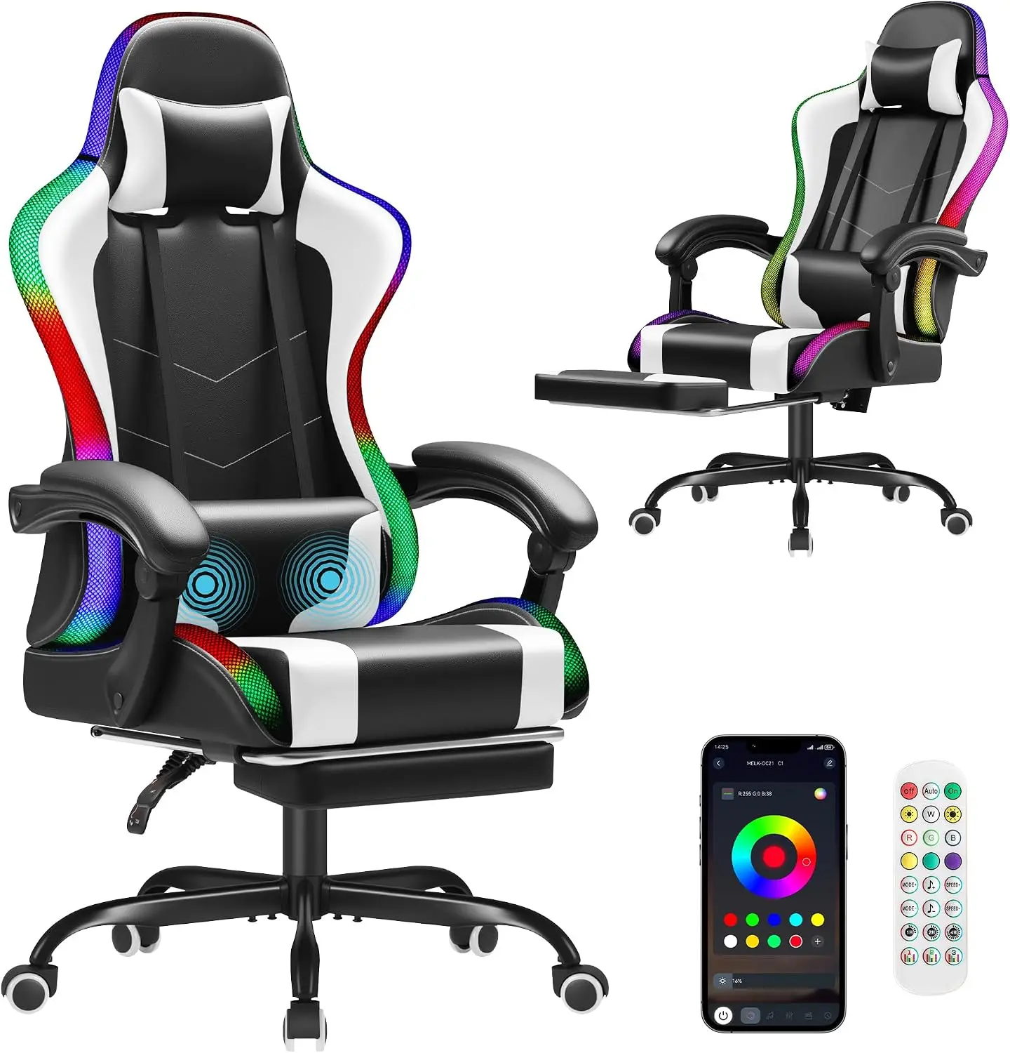 Homall Gaming Chair, Ergonomic PC Chair, Massage Lumbar Support, RGB Lvory