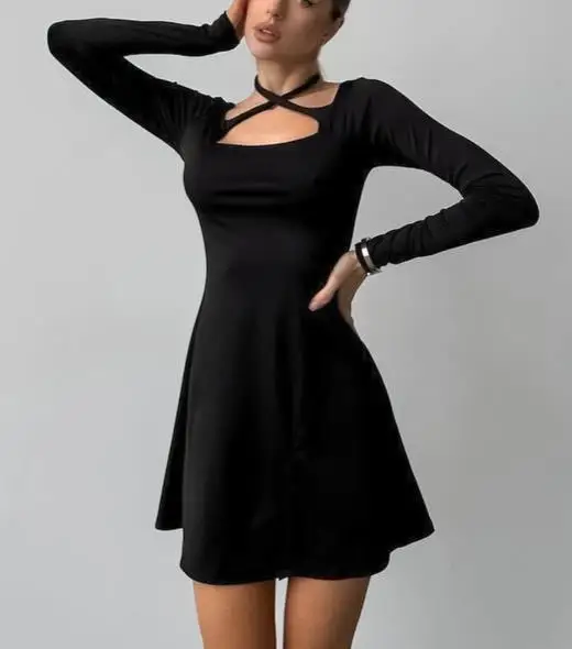 

Black Sexy Slim Fit Knitted Square Neck Design Tie Up Dress for Summer Ladies Elegant Slim Fit A-Line Long Sleeved Dress