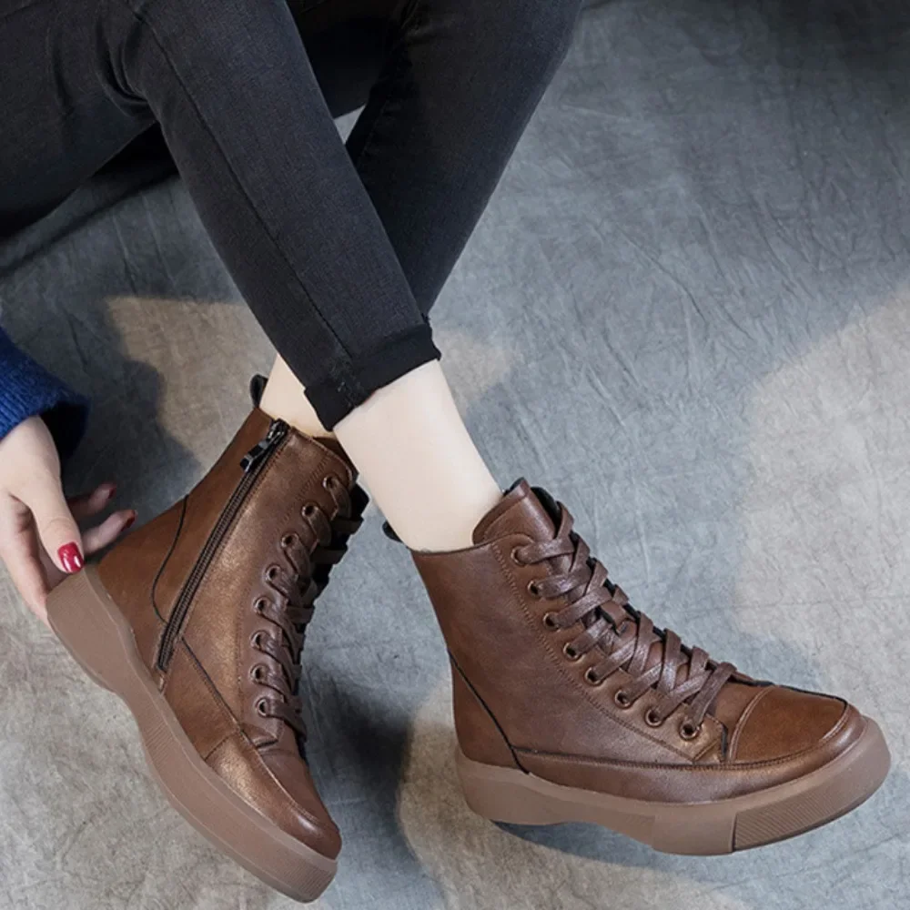 Genuine Leather Women\'s Boots Short Boots Thick Soled Knight Boot Womens Casual Shoes Versatile Woman\'s Shoes Platform Shoes