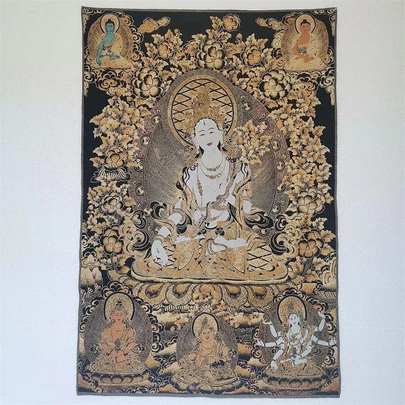 

Tibetan Buddha Thangka, gold silk embroidery brocade painting, white tara, exquisite home decoration, auspicious Thangka