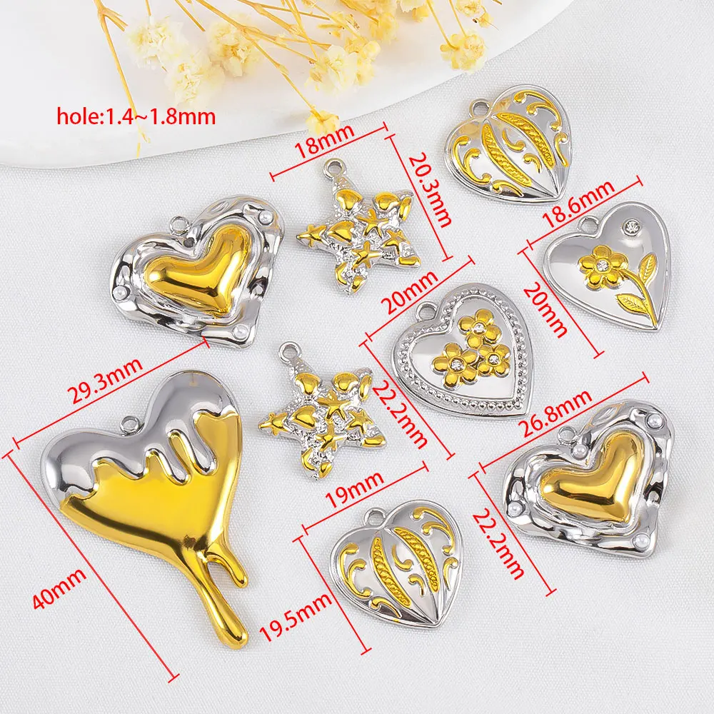 2pcs/lot 304 Stainless Steel Charms Heart Star 18K Gold Plated & Silver Plated Two Tone Pendants Necklace For DIY Jewelry Making