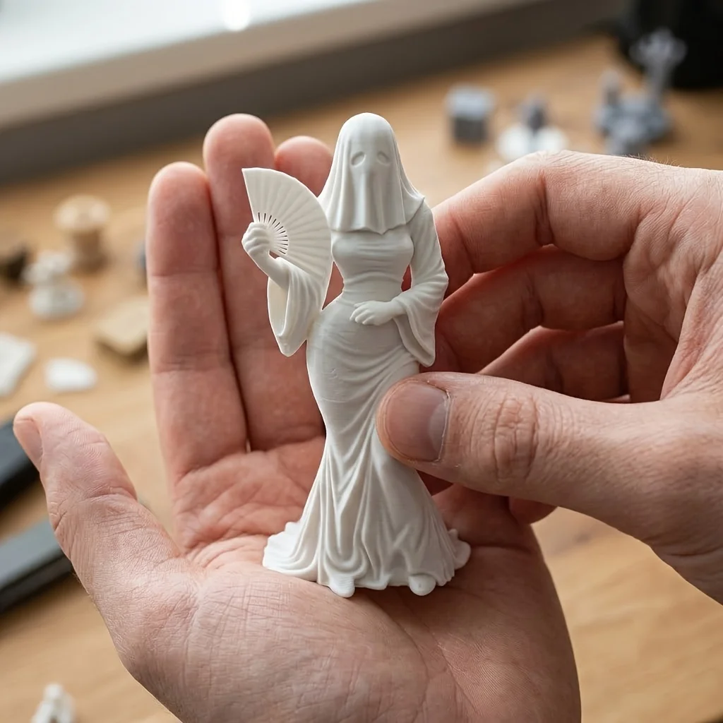 Legant Ghost Lady with Hand Fan Figurine 3D Print Mini Statue Gothic Halloween Desktop Ornament DIY Model Collectible Decor Gift