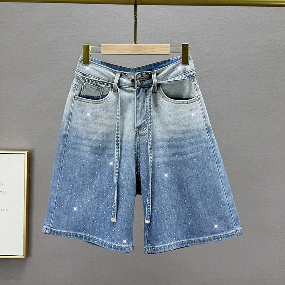 

Джинсовые шорты с камнями для женщин, с высокой талией, широкими штанинами, модные, блестящие, повседневные, женские джинсовые шорты с высокой талией