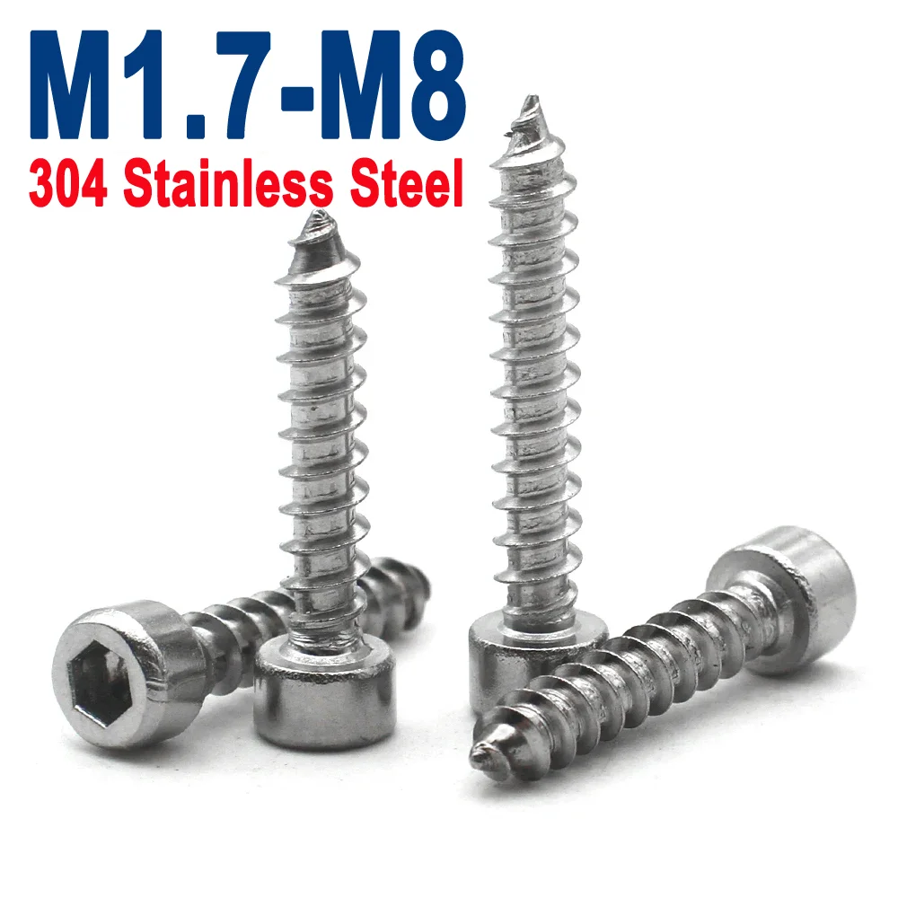 

100/50/25/10pcs 304 Stainless Steel M1.7 M2 M2.3 M2.6 M3 M3.5 M4 M5 M6 M8 Hexagon Socket Cap Head Self Tapping Allen Head Screws