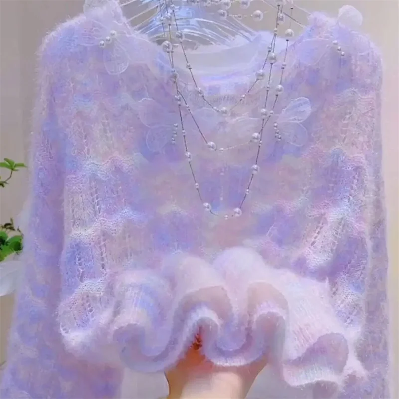 Gradient Color Super Fairy Knitted Sweater Sweet Knitted Top Hollowed Out Spring Autumn 2026 New Butterfly Lazy Sweater Flower