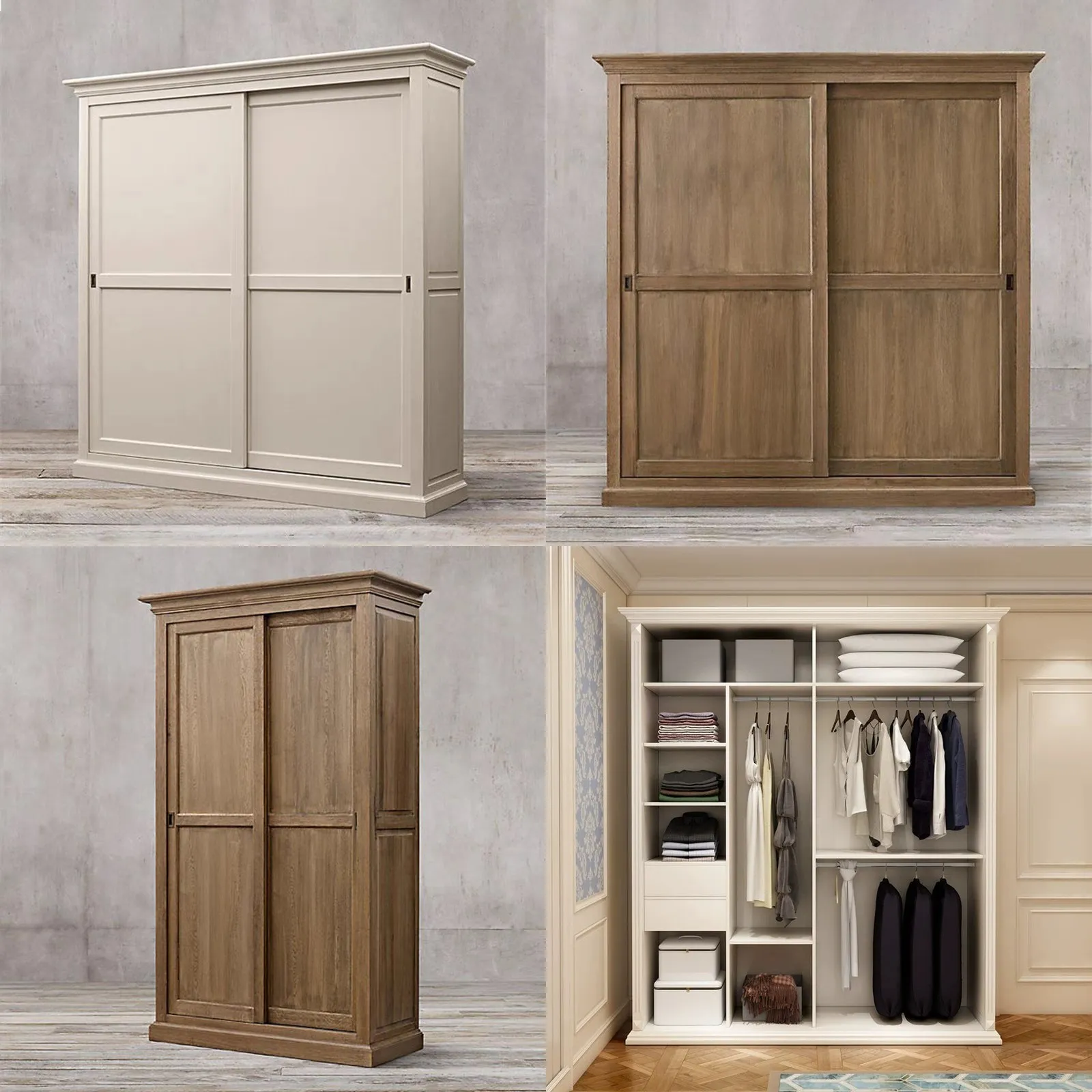 2024 New American Solid Wood Wardrobe Sliding Door Armoire Country Style 2-Door Storage Cabinet Customizable Bedroom Furniture
